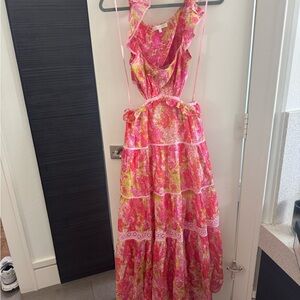LoveShackFancy Pink Floral Open Back Ruffle Tiered Maxi Dress XS